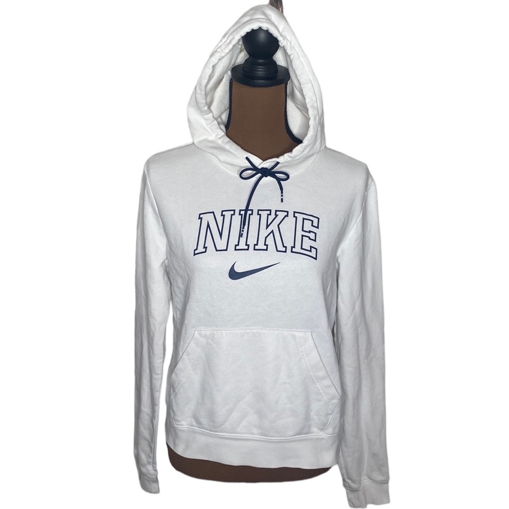 Nike spellout logo kangaroo pocket white and navy drawstring hoodie size M